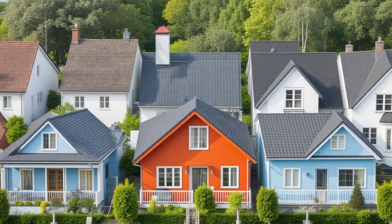 Colorful houses in a row, surrounded by lush trees and bushes, creating a vibrant and inviting neighborhood scene.