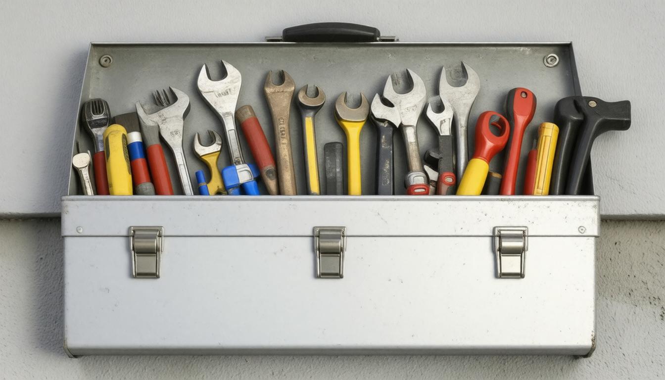 A wall-mounted toolbox filled with assorted tools, including wrenches, screwdrivers, and pliers, organized for easy access.