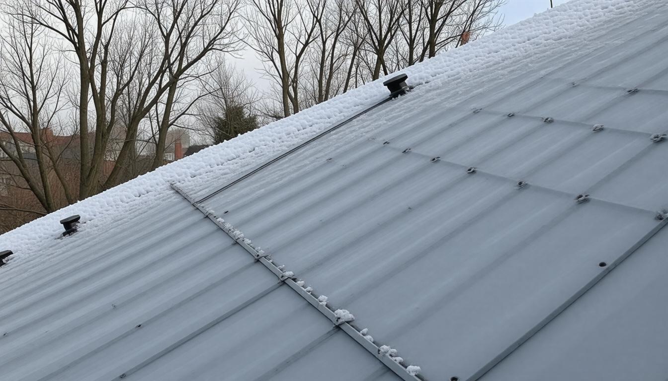 A metal roof covered in a layer of snow, showcasing a winter scene with a clear blue sky in the background.