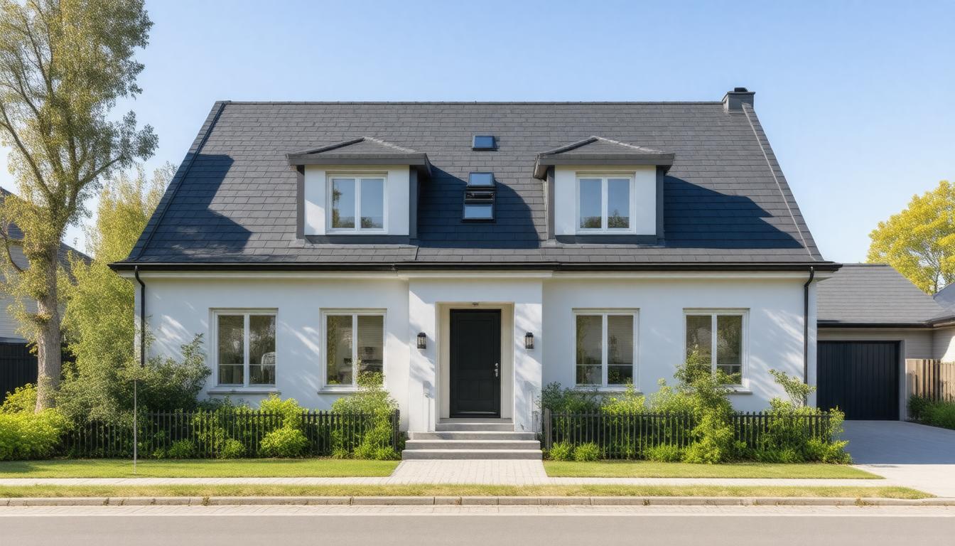 A modern house featuring a white roof and black siding, showcasing a sleek and contemporary architectural design.