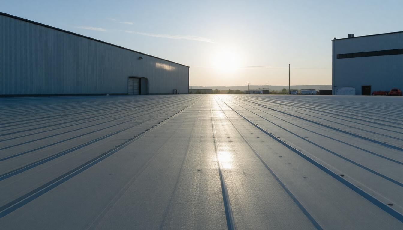 A large industrial building featuring a metal-covered roof, showcasing its robust and utilitarian design.