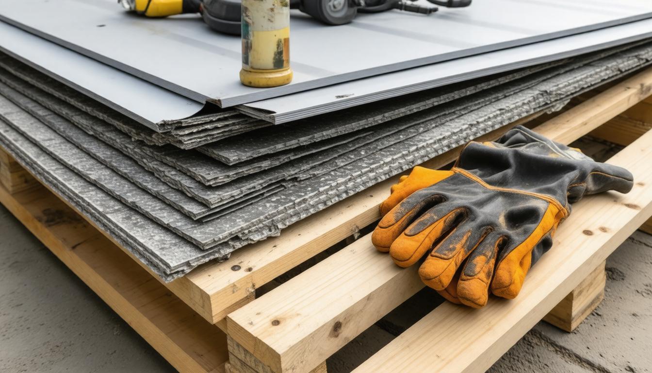 A stack of steel sheets accompanied by a pair of gloves and a hammer, indicating a workspace for metalworking tasks.