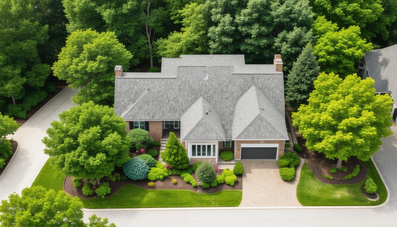 Aerial view of a house nestled among lush green trees, showcasing the natural surroundings and peaceful environment.