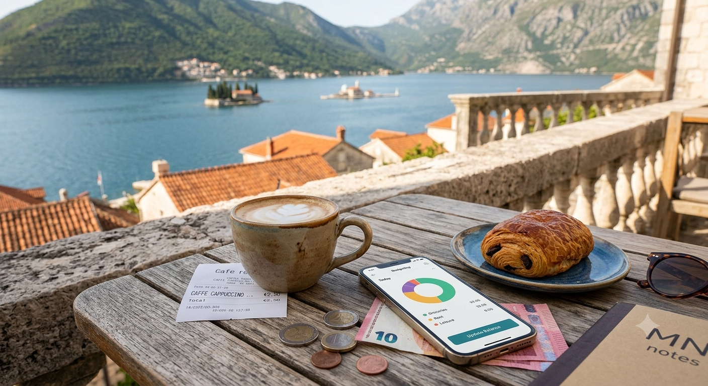 Morning coffee and euro coins on a café terrace overlooking the Bay of Kotor — representing the real daily cost of living in Montenegro for expats in 2026