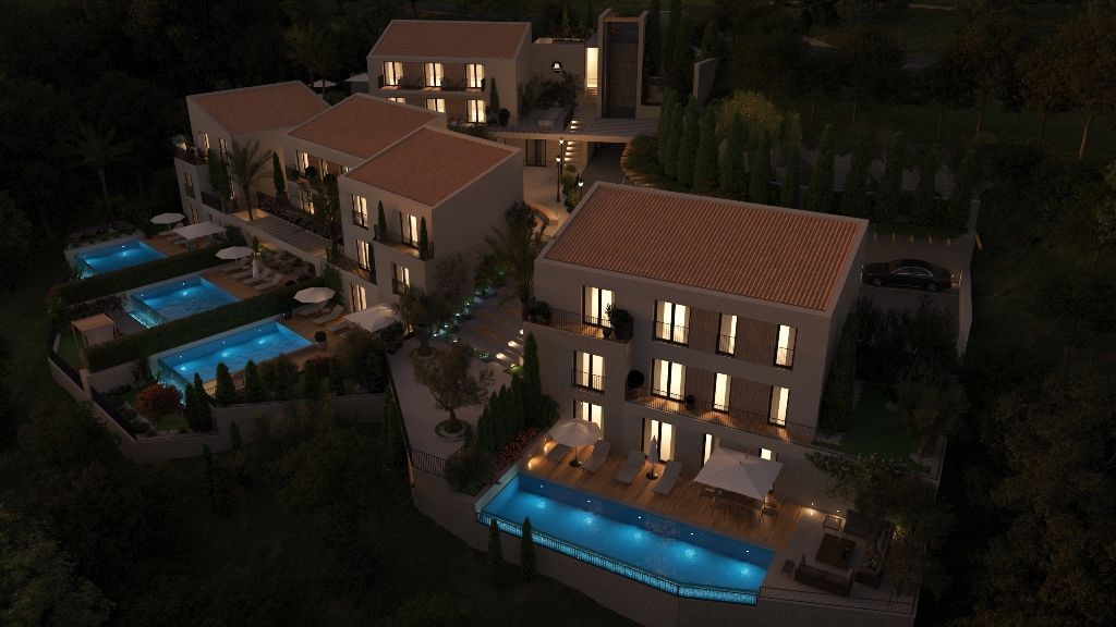 Night rendering of hillside villas in Budva with lit pools and terraces