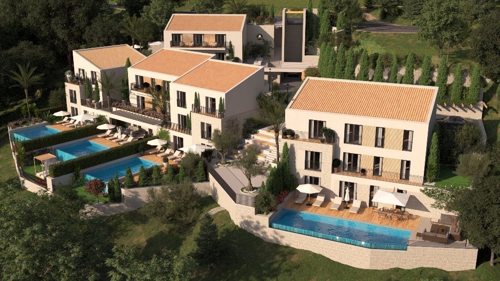 Aerial rendering of a gated hillside villa community in Budva with private pools among pine trees