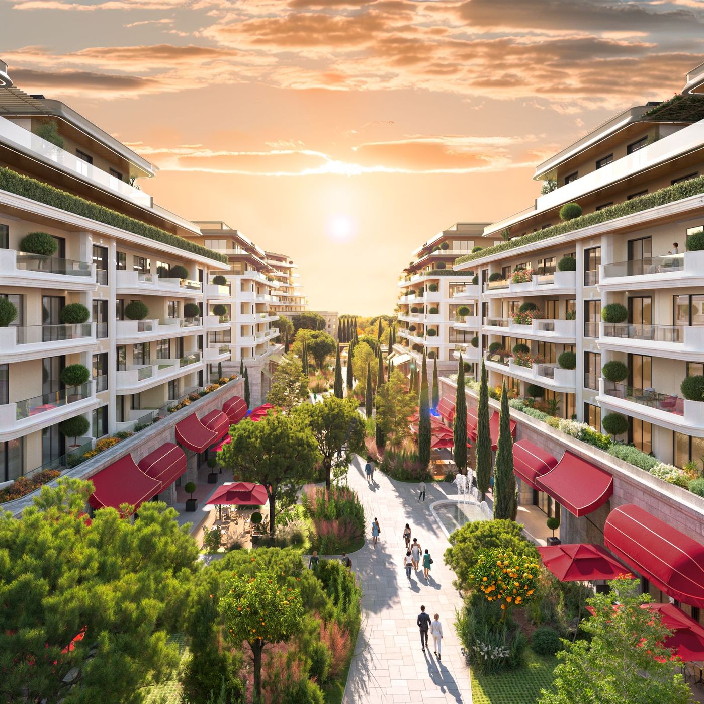 Rendering of a tree-lined pedestrian promenade between residence buildings at sunset in Ulcinj