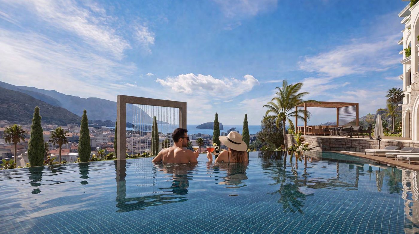 Rendering of the infinity pool at a new-build residence in Budva with sea view and the old town below