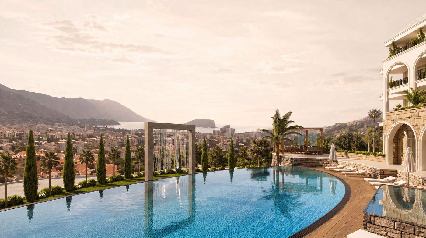 Rendering of the curved outdoor pool and sun terrace at a new-build residence in Budva, with the sea and islands beyond