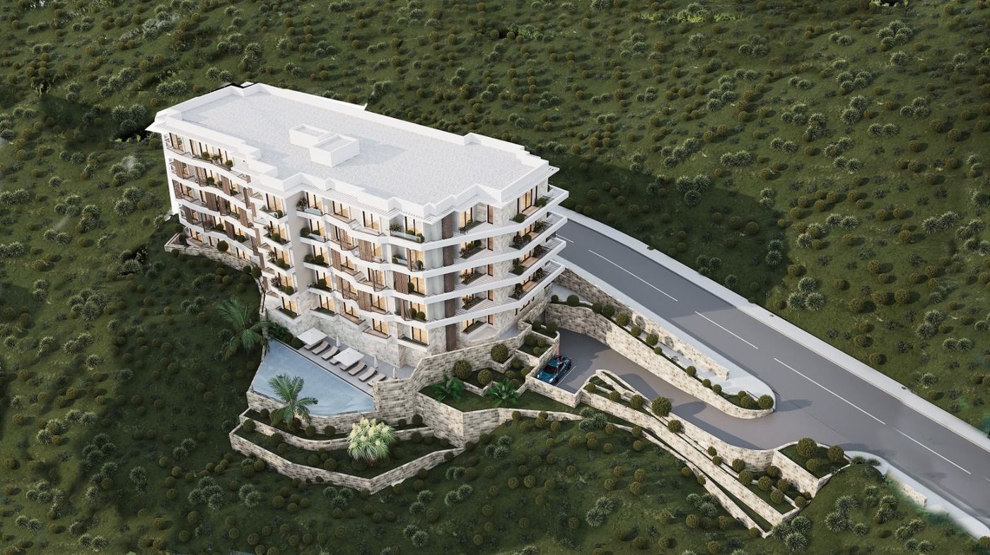 Aerial rendering of a serviced residence complex with pools in Bečići, a short walk from the beach