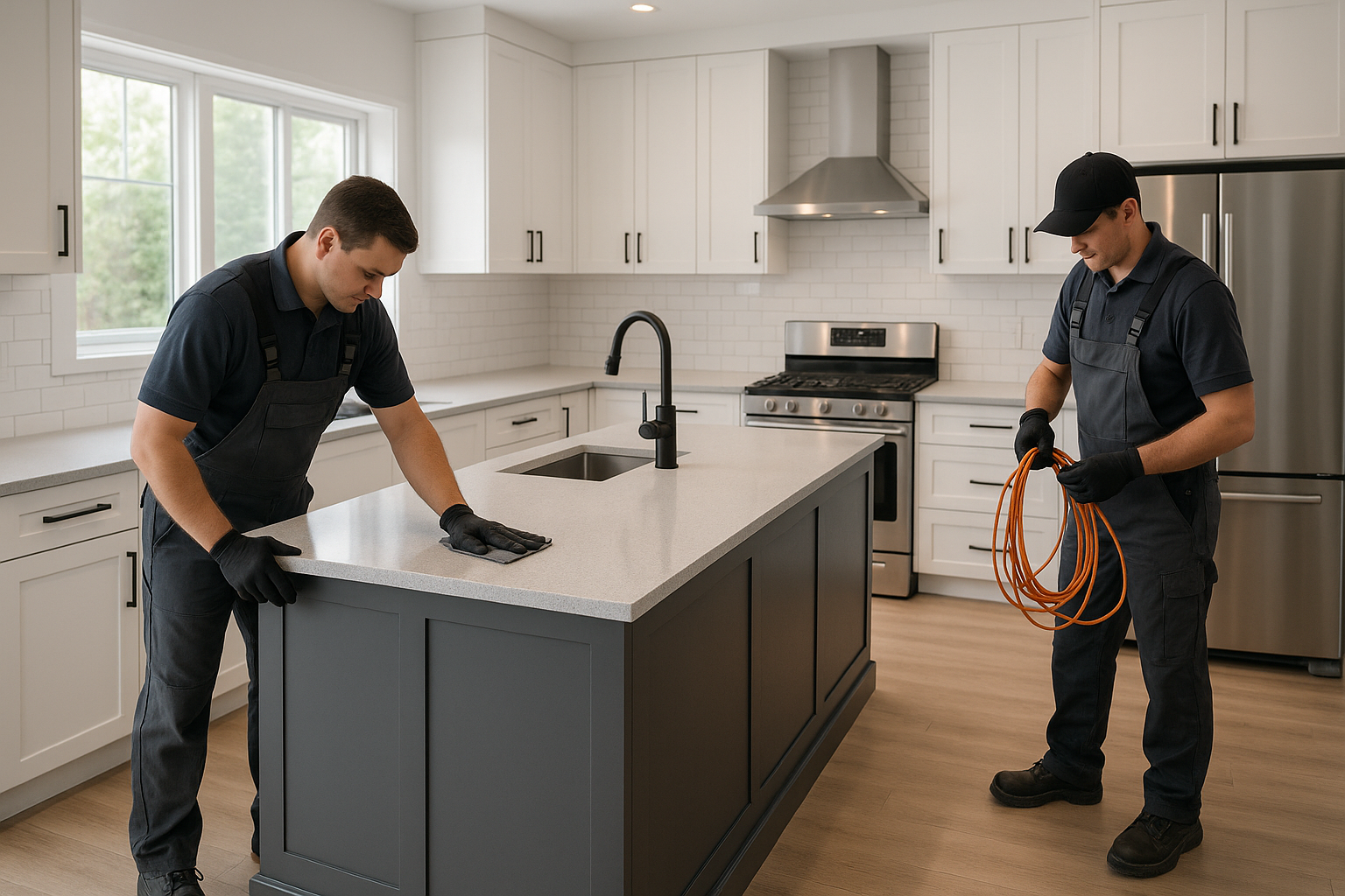 Two men in black shirts and blue jeans preparing food together in a kitchen.