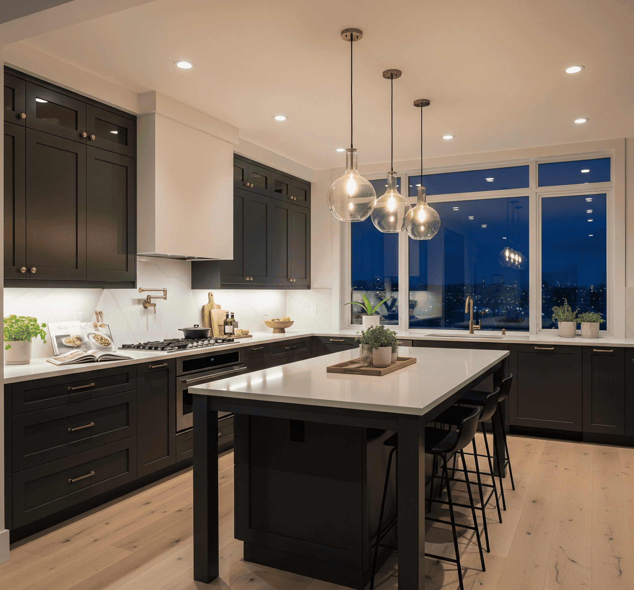 A modern kitchen featuring sleek black cabinets and a spacious center island for cooking and dining.