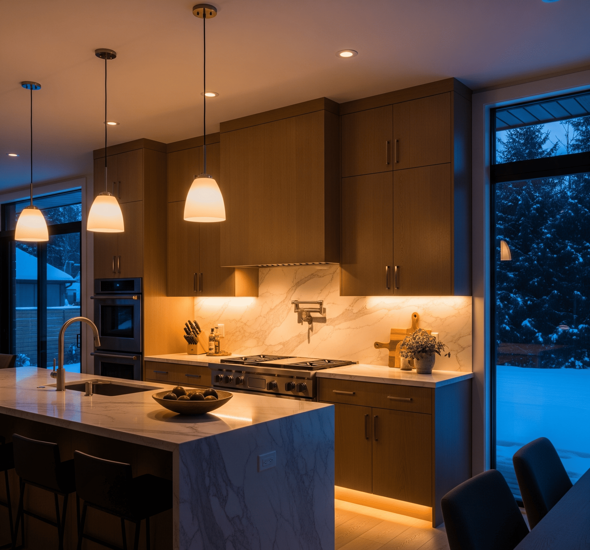A modern kitchen featuring a large island and stylish pendant lights hanging above.