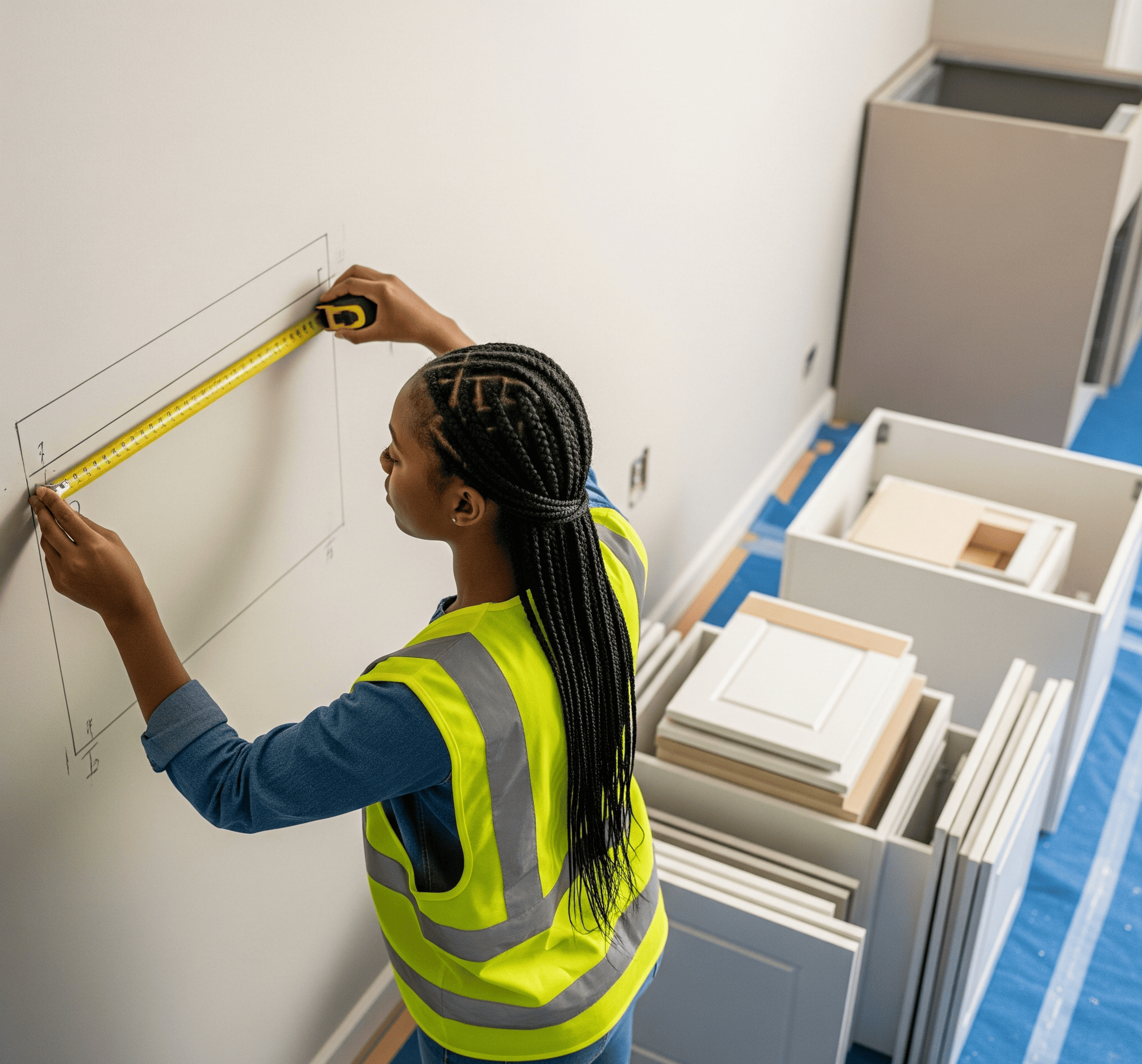 A woman in a safety vest measures a wall with a tape measure, focused on her task in a construction setting.