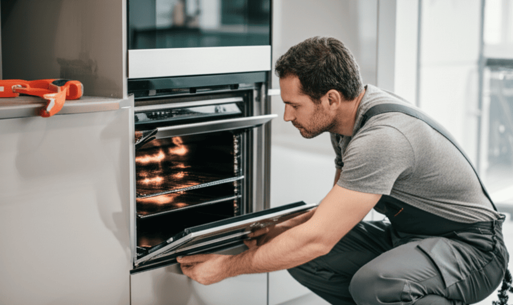 A man repairs an oven in a modern kitchen, surrounded by utensils and appliances.