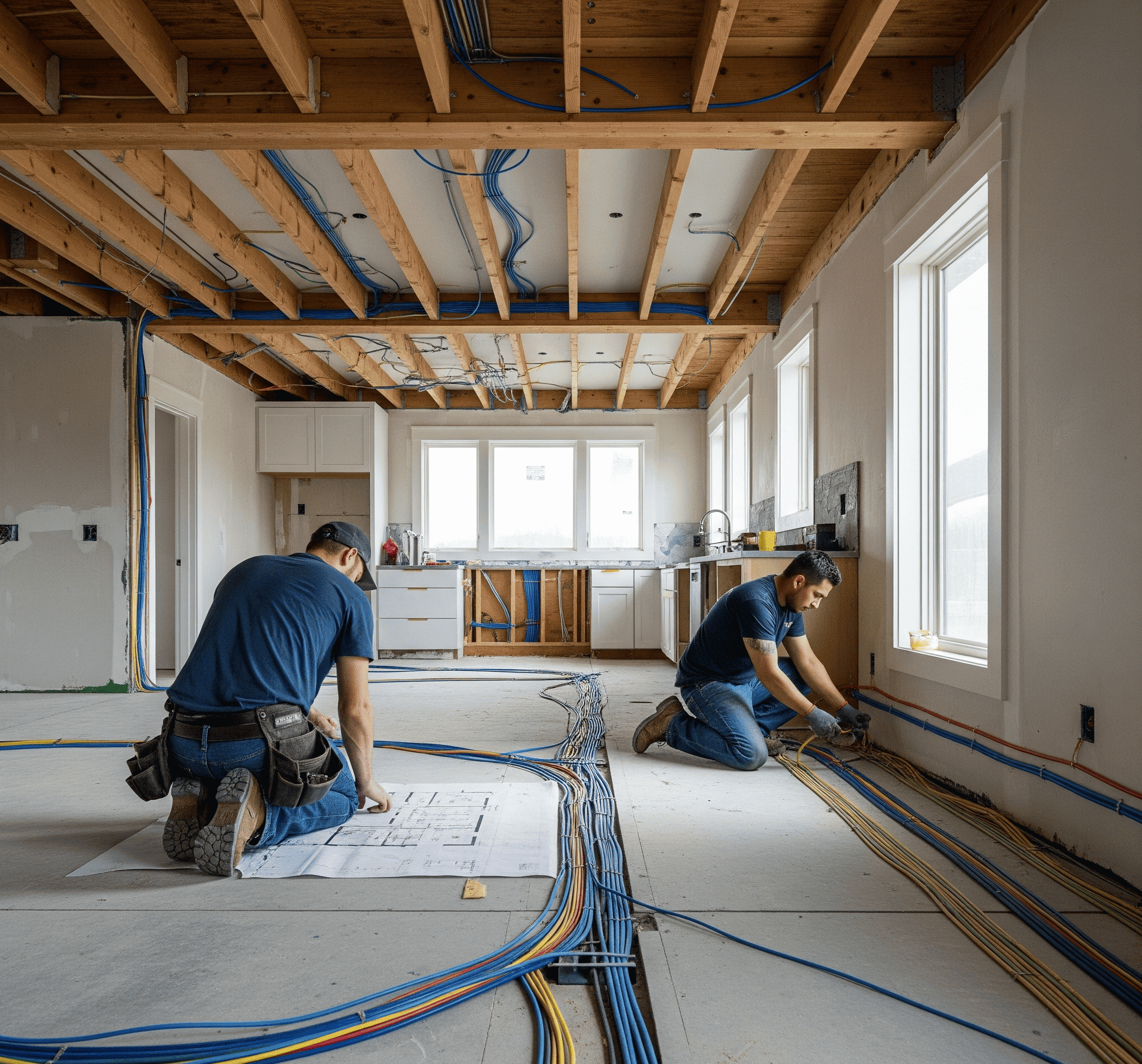 Two men installing electrical wiring in a residential setting, focused on their task with tools and materials around them.