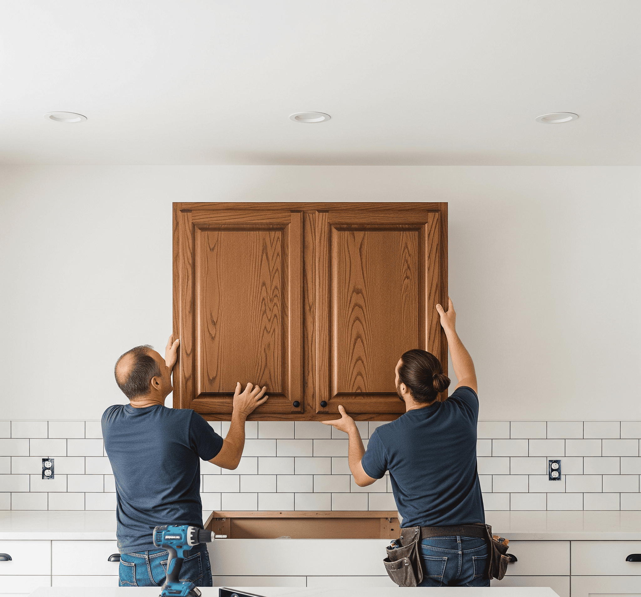 Two men assembling a kitchen cabinet, focused on their work with tools and materials around them.