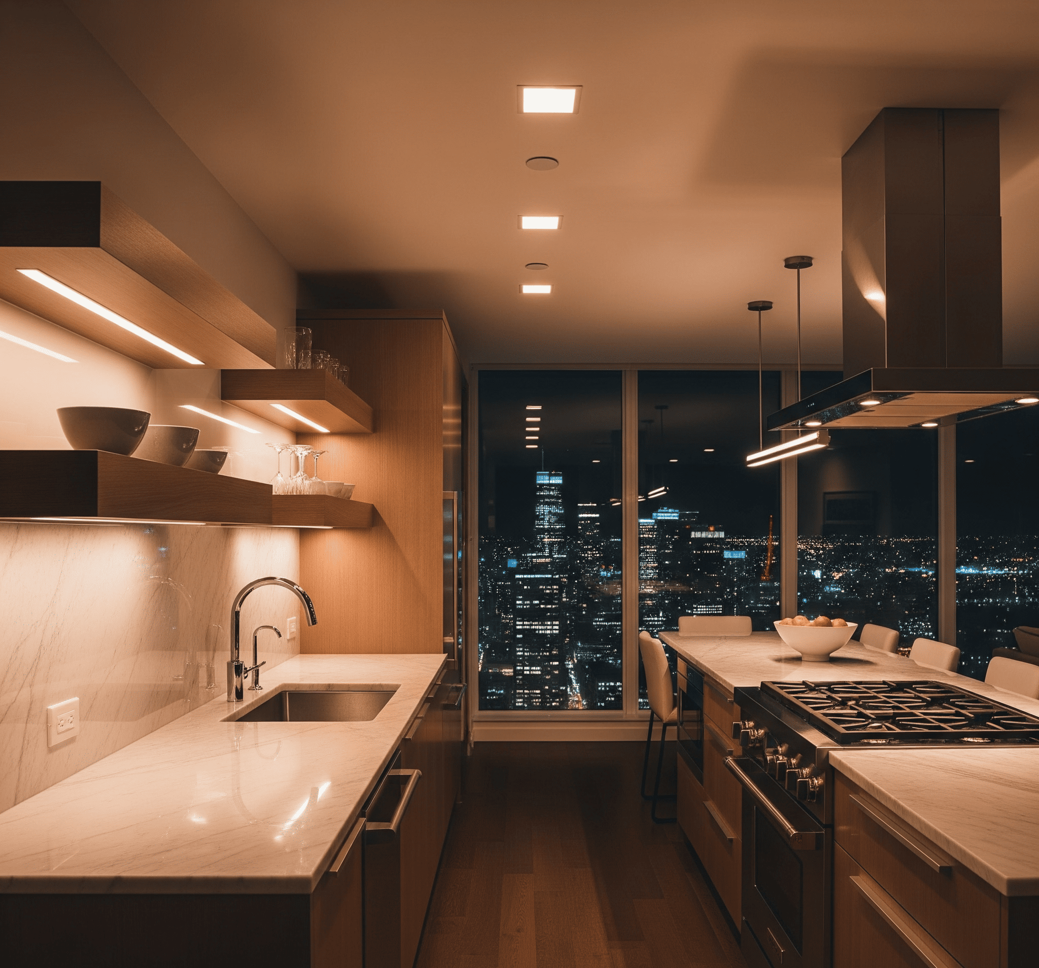 A kitchen with a city view at night, with a person working on electrical repairs.