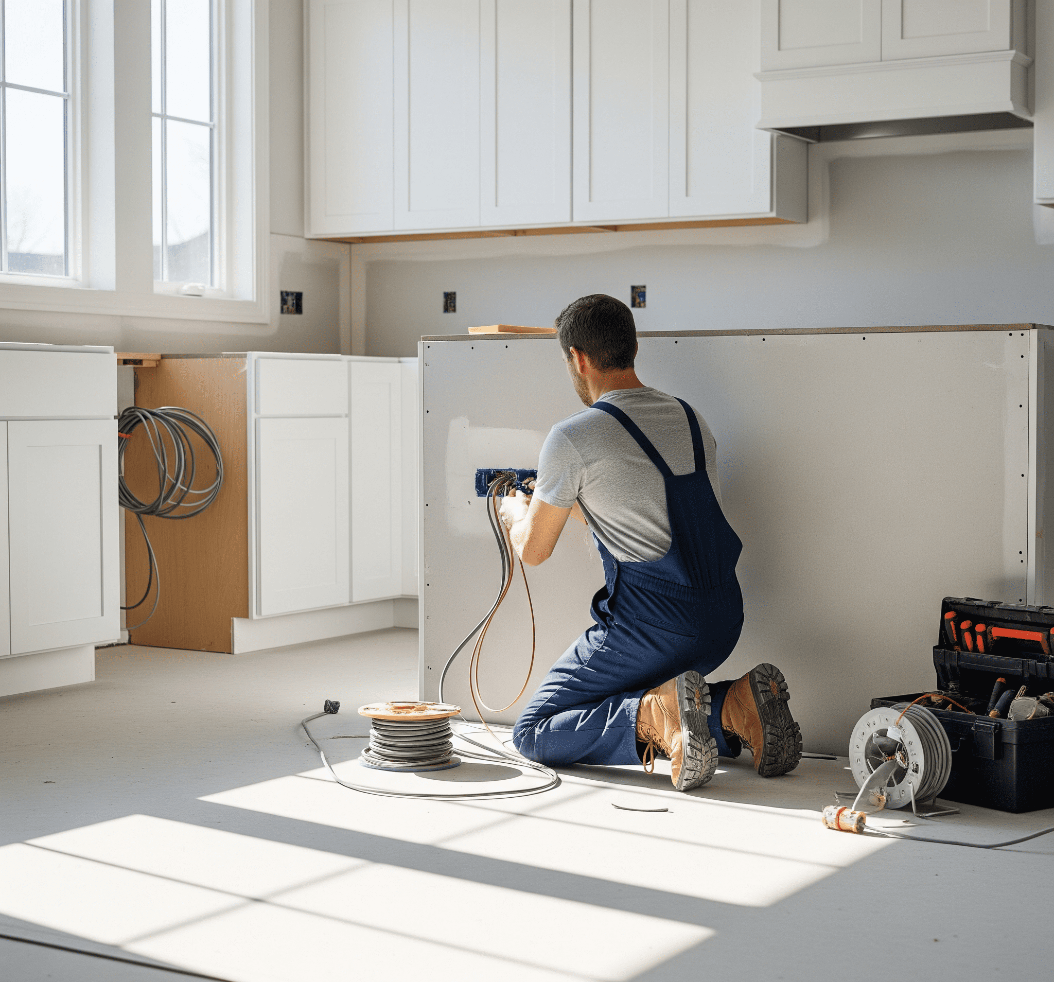A man repairing electrical wiring in a kitchen, focused on his work with tools and equipment around him.