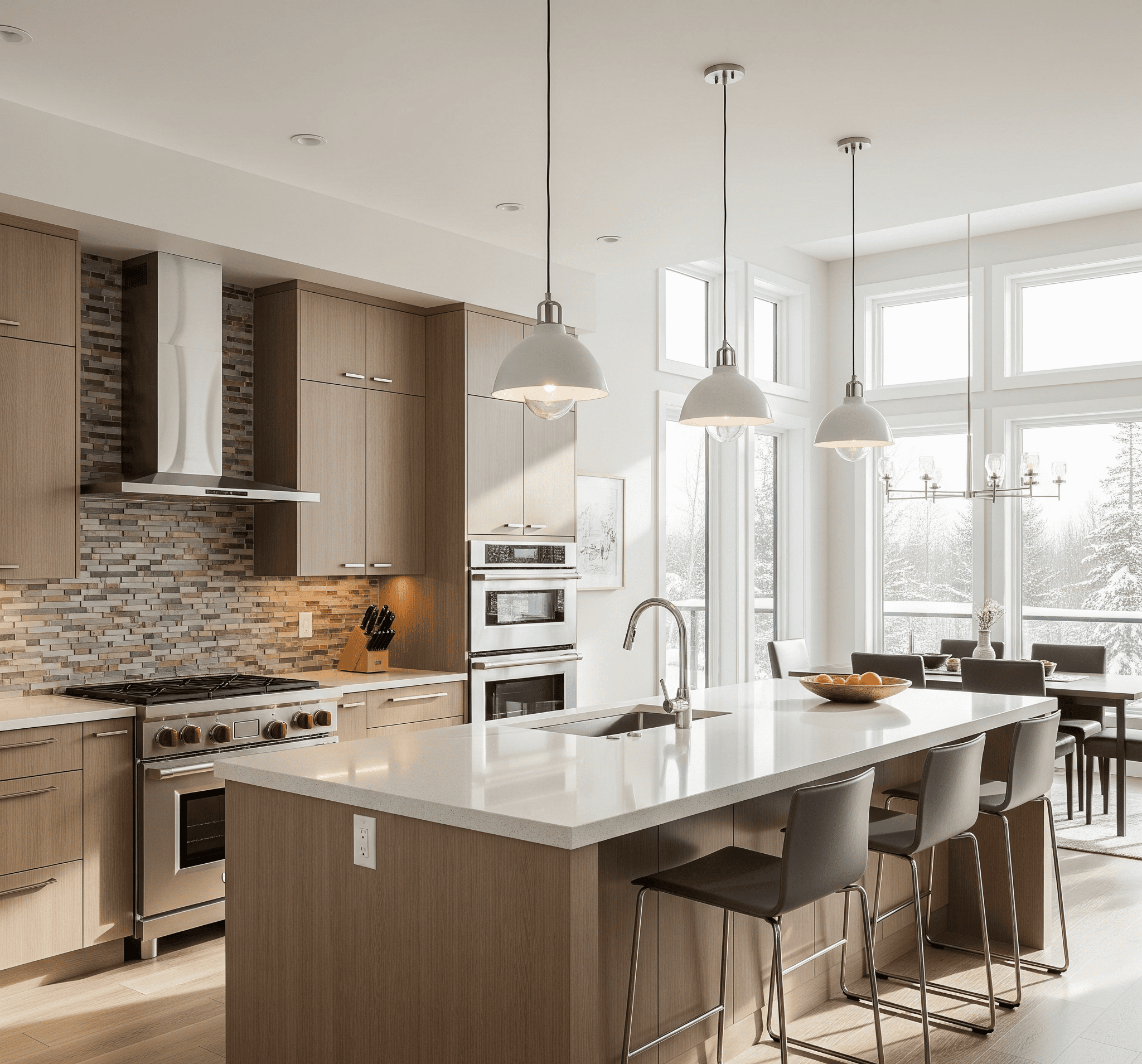 A spacious kitchen featuring a large island and a dining table, designed for cooking and gathering.