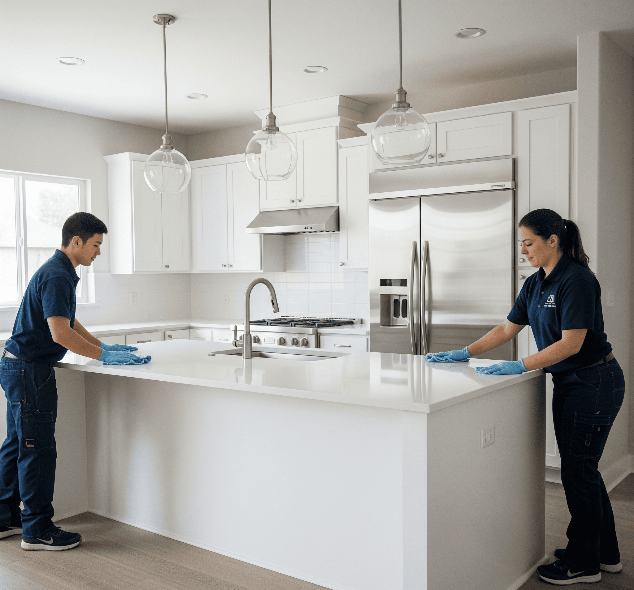 Two people cleaning a kitchen, one wiping the counter while the other washes dishes in the sink.