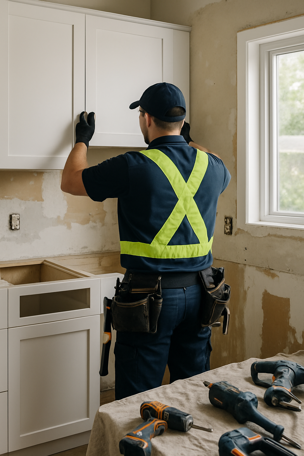 A man in a safety vest is working on kitchen renovations, focused on installing new appliances and fixtures.