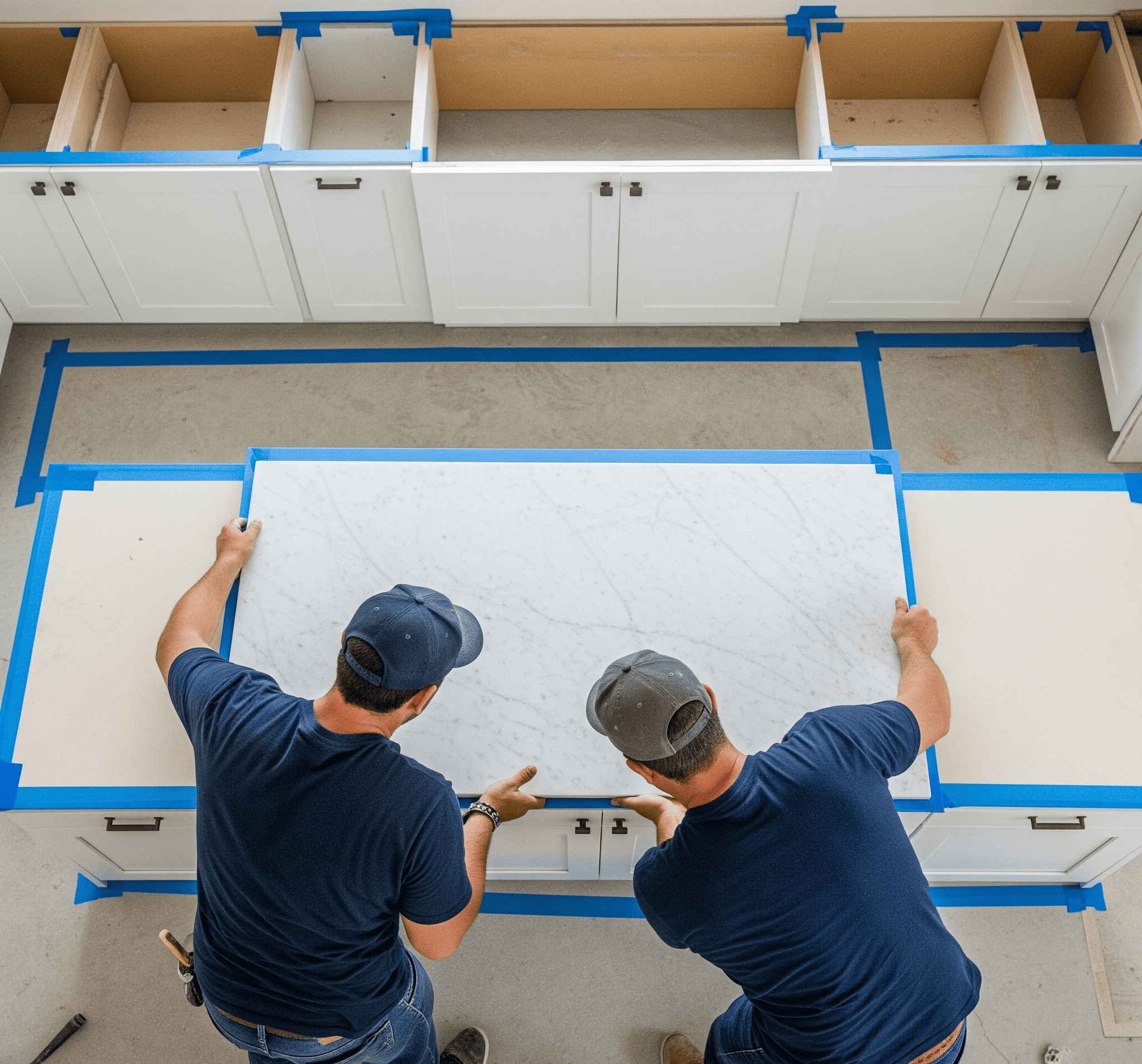 Two men collaborating on a kitchen countertop, focused on their task and surrounded by tools and materials.