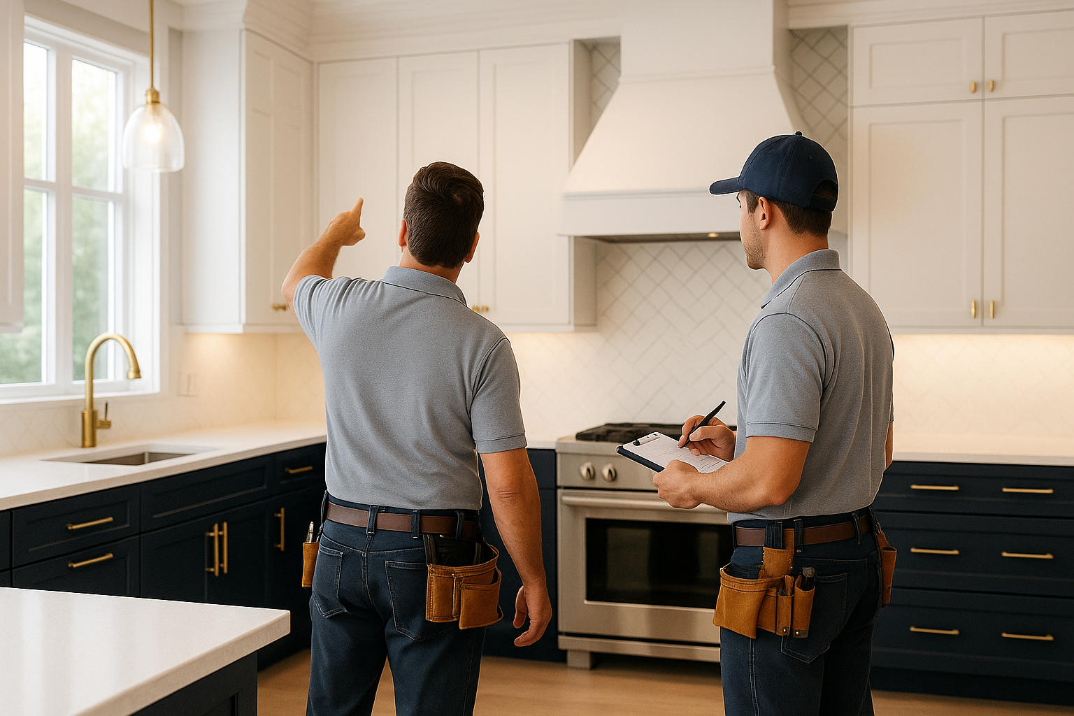 Two men in blue shirts standing together in a modern kitchen, engaged in conversation.