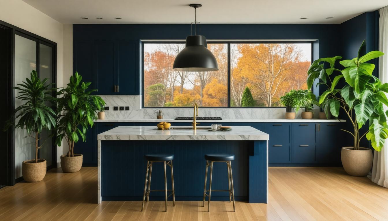 A modern kitchen featuring blue cabinets and a sleek black island, showcasing a stylish and contemporary design.
