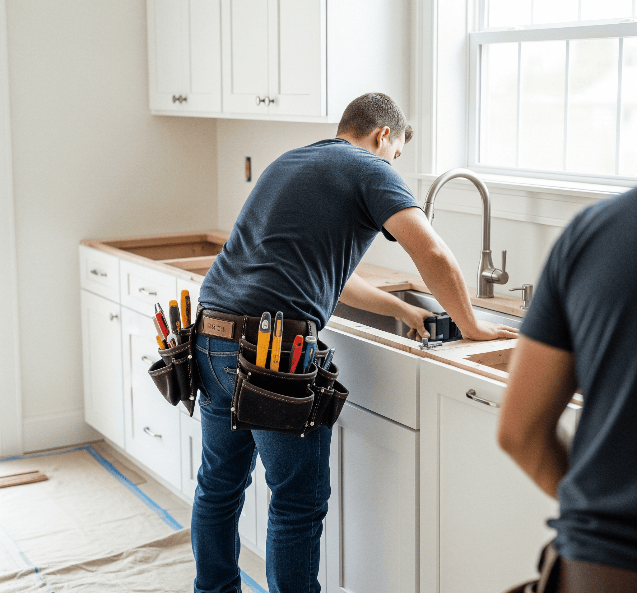 Two men collaborating in a kitchen, preparing food and organizing cooking tools on the counter.