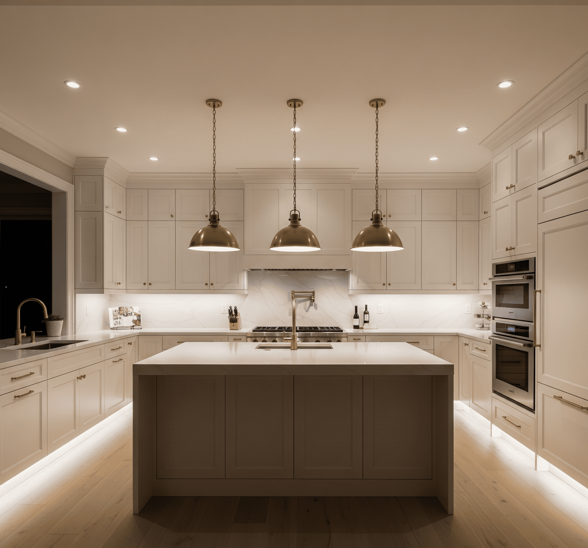 A kitchen with white cabinets and pendant lights, with a person fixing electrical issues in the background.