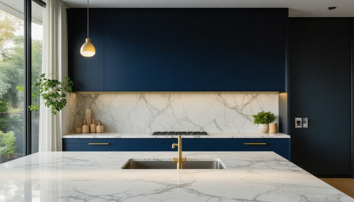 A modern kitchen featuring blue cabinets and elegant marble countertops.