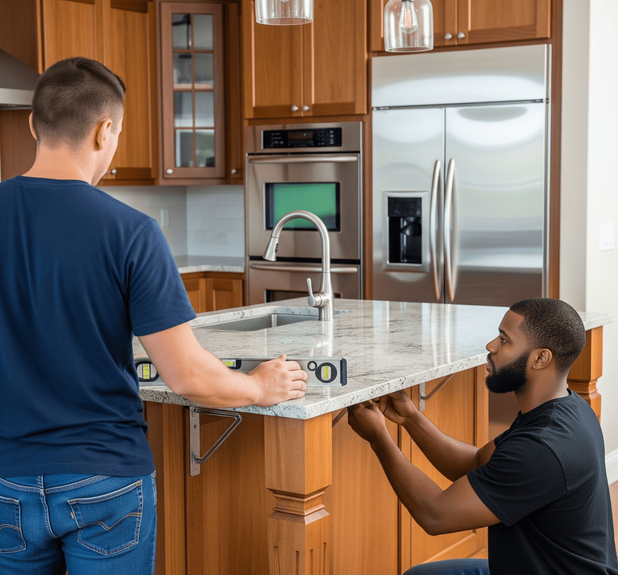 A man repairs a kitchen counter, using tools and materials to fix its surface and improve functionality.