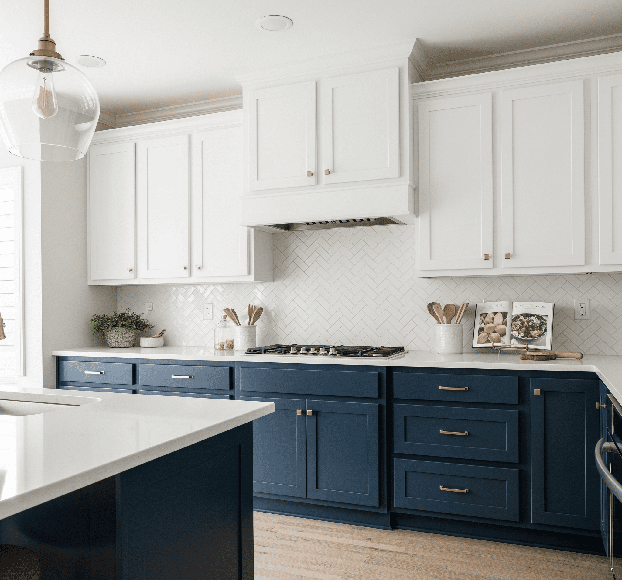 A modern kitchen featuring blue cabinets and white countertops, creating a bright and inviting atmosphere.