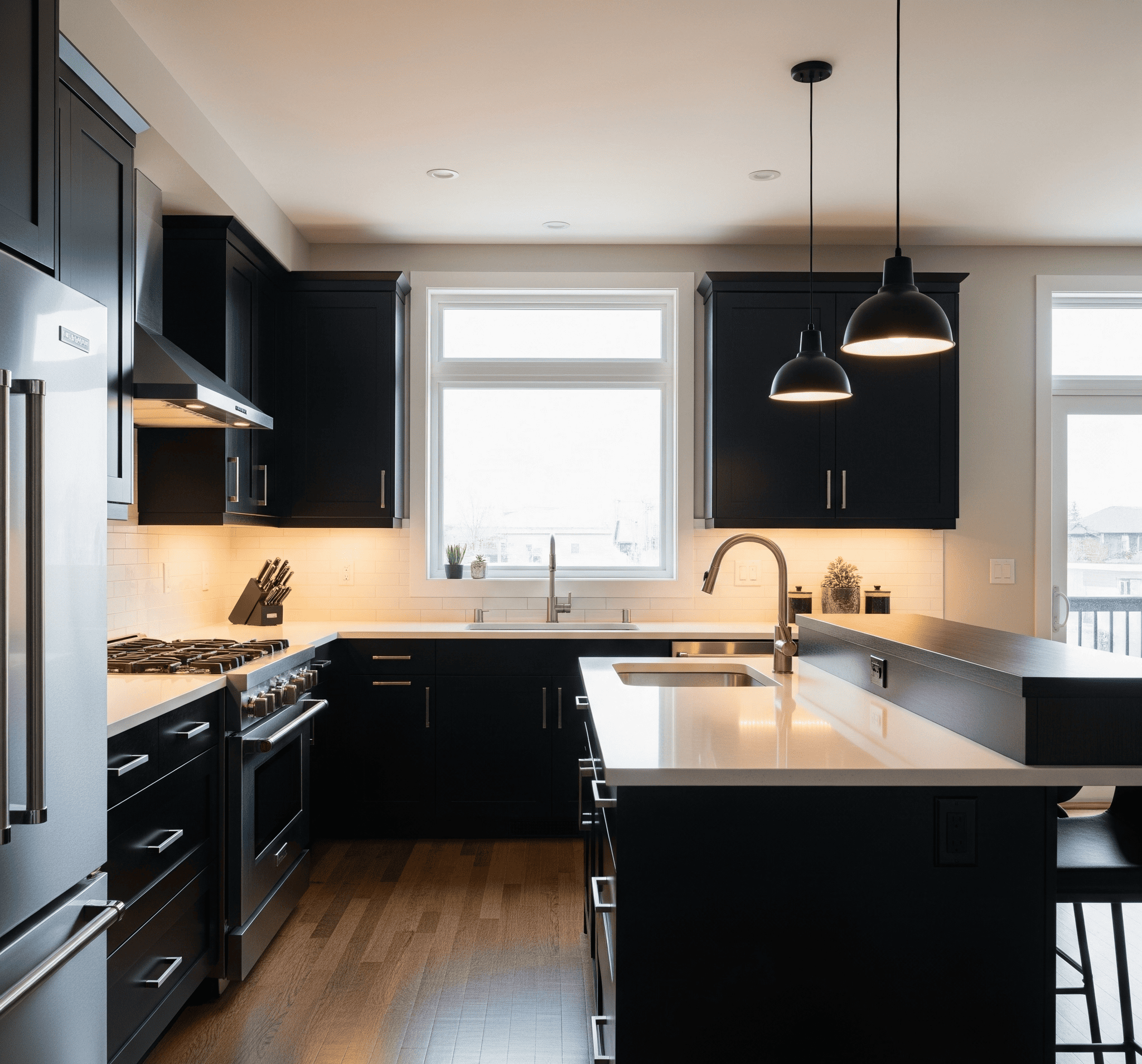 A modern kitchen featuring sleek black cabinets and a stainless steel refrigerator.
