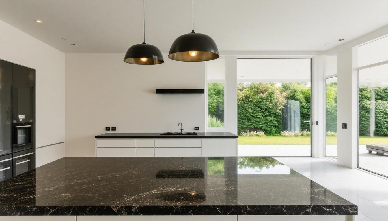 A modern kitchen featuring sleek black cabinets and elegant marble countertops.