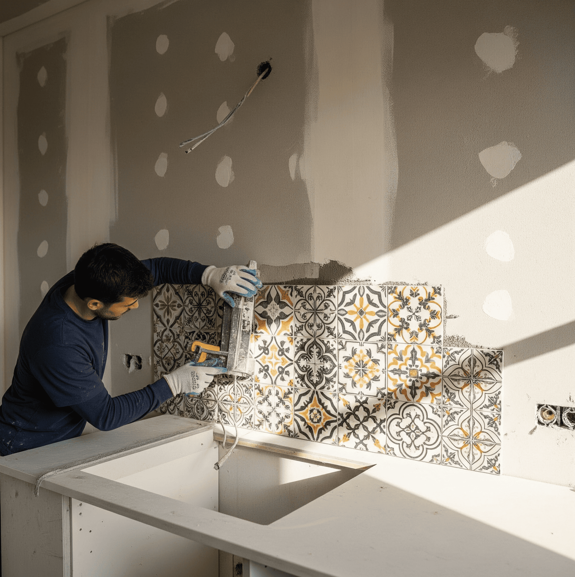 A man is installing tiles on a kitchen wall, focused on his work with tools and materials around him.
