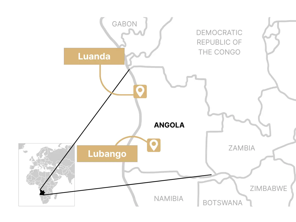 Map showing Luanda and Lubango in Angola