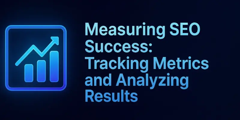 Neon blue SEO graphic with rising bar chart icon and the title 'Measuring SEO Success: Tracking Metrics and Analyzing Results' on a dark blue background.