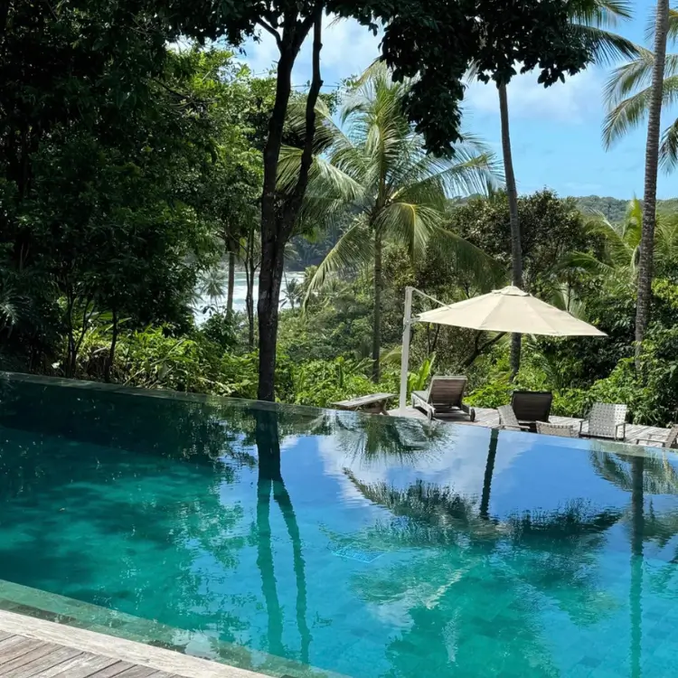 Pool with umbrella among the trees