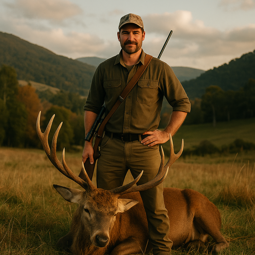 Hunter standing over a red deer in Victoria at sunset, ideal taxidermy scene for wildlife preservation