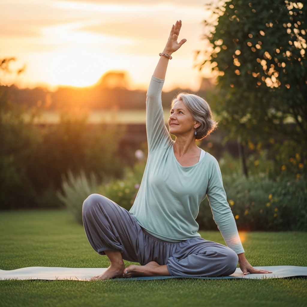 A group of seniors participating in a yoga class outdoors.