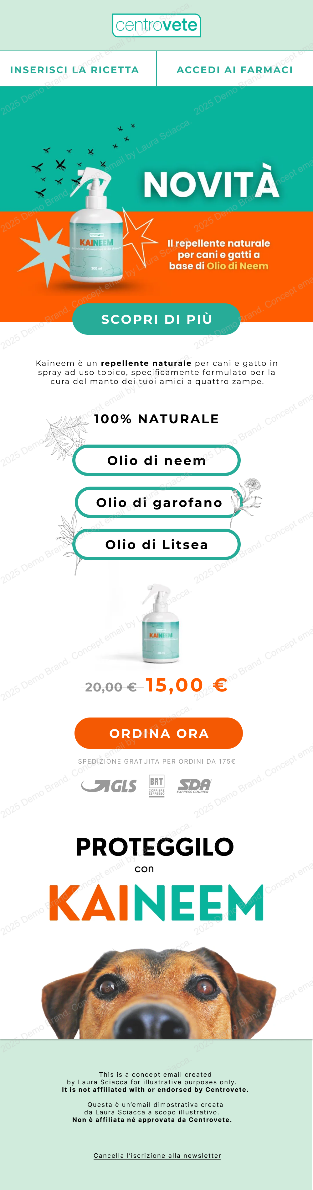 Newsletter Centrovete: novità repellente naturale per cani e gatti a base di olio di Neem.