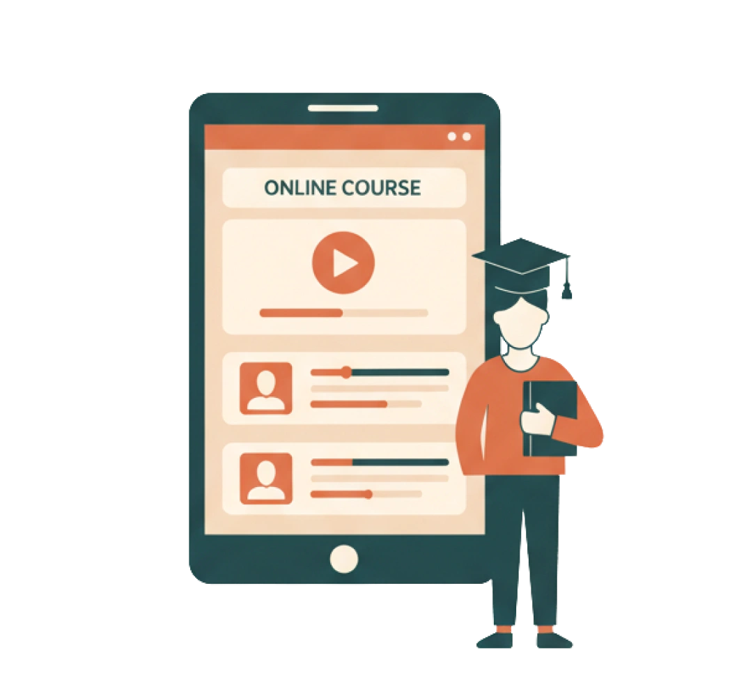 Illustrazione di corso online su smartphone con studente laureato che tiene un libro.
