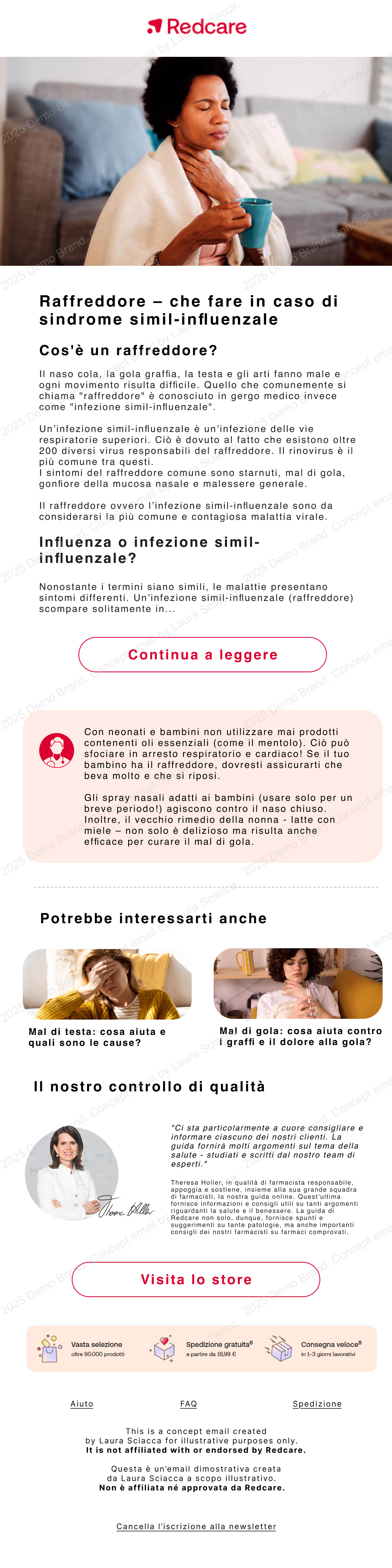 Esempio di newsletter Redcare: consigli su cosa fare in caso di raffreddore o sindrome simil-influenzale.