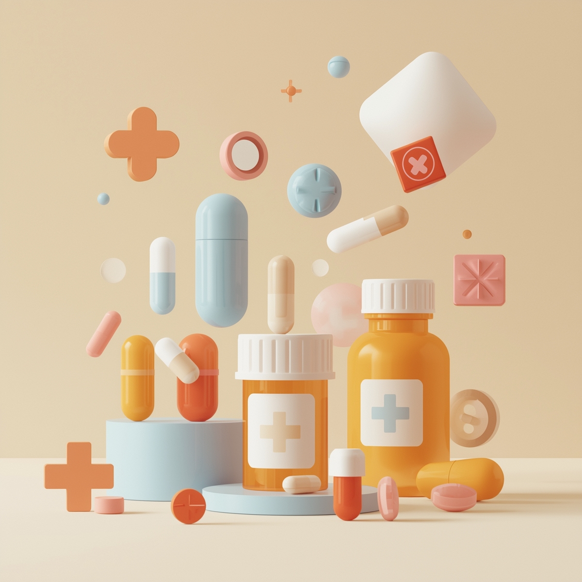 Illustrazione 3D di pillole colorate, capsule e flaconi farmaceutici su sfondo neutro.