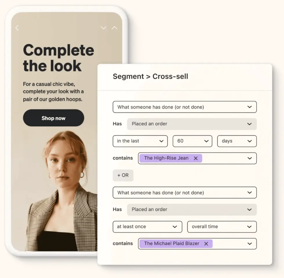 Esempio di email marketing cross-sell con Klaviyo: campagna moda e segmentazione automatizzata per consigliare prodotti correlati.