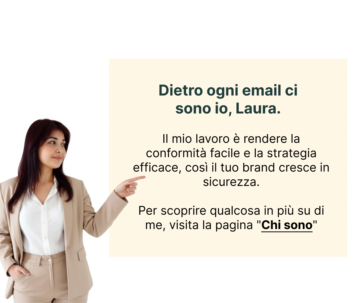 Laura Sciacca indica la sezione di presentazione "Chi sono" – email marketing conforme per il settore farmaceutico.