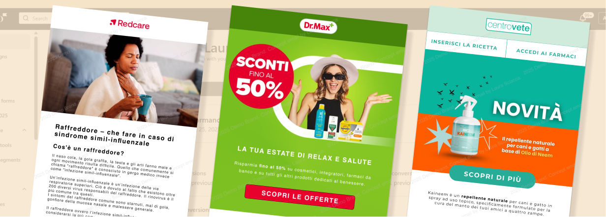 Tre template di newsletter per il settore farmaceutico e veterinario: informativa salute, promozione estiva, lancio prodotto naturale.