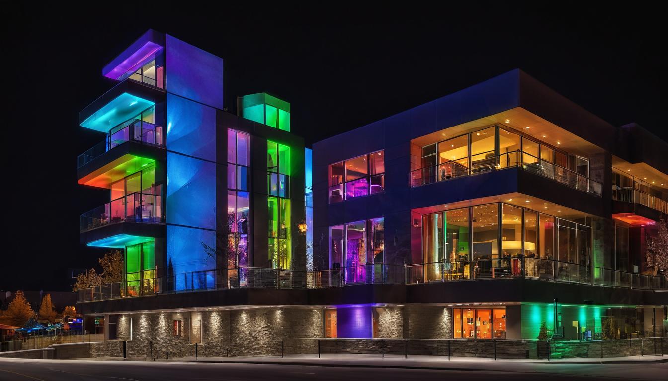building with colorful outdoor lights